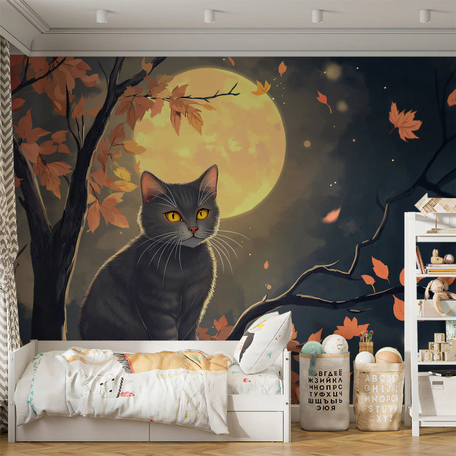 Moonlit Cat Mural Wallpaper — Autumn Night Illustration Mural Wallpaper