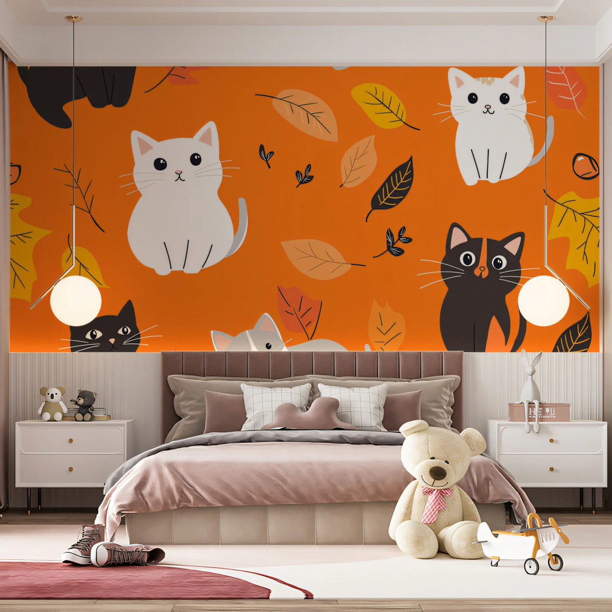 Autumn Feline Whimsy Mural Wallpaper — Playful Cat Pattern Mural Wallpaper - pure wallpaper artwork