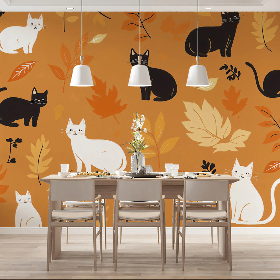 Autumn Feline Whimsy Mural Wallpaper — Playful Seasonal Design Mural Wallpaper