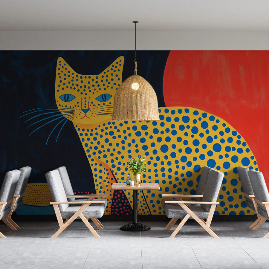 Polka Dot Cat Pop Art Mural Wallpaper — Vibrant Animal Decor Mural Wallpaper