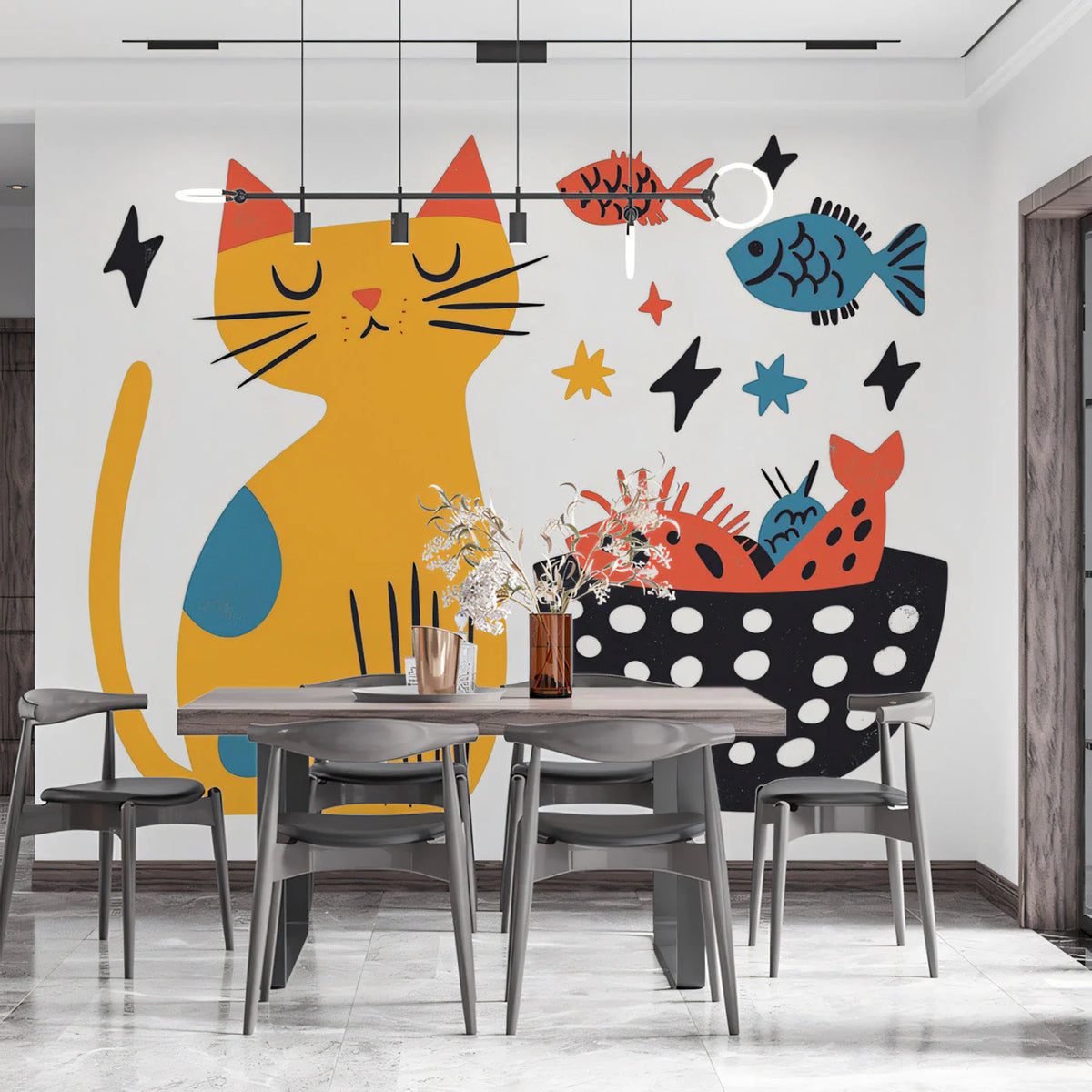 Playful Cat and Fish Pattern Mural Wallpaper — Whimsical Decor Mural Wallpaper - pure wallpaper artwork