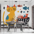 Playful Cat and Fish Pattern Mural Wallpaper — Whimsical Decor Mural Wallpaper - pure wallpaper artwork