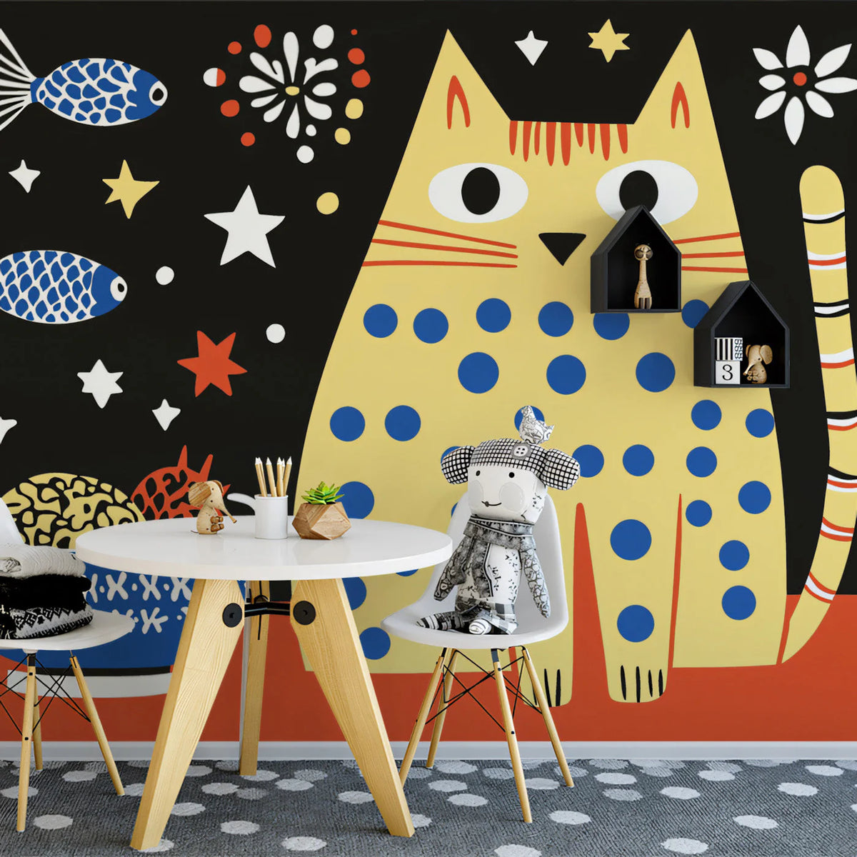 Polka Dot Cat Whimsical Mural Wallpaper — Playful Illustration Mural Wallpaper - pure wallpaper artwork