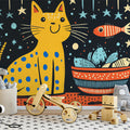 Starry Cat and Fish Mural Wallpaper — Whimsical Night Illustration Mural Wallpaper - pure wallpaper artwork