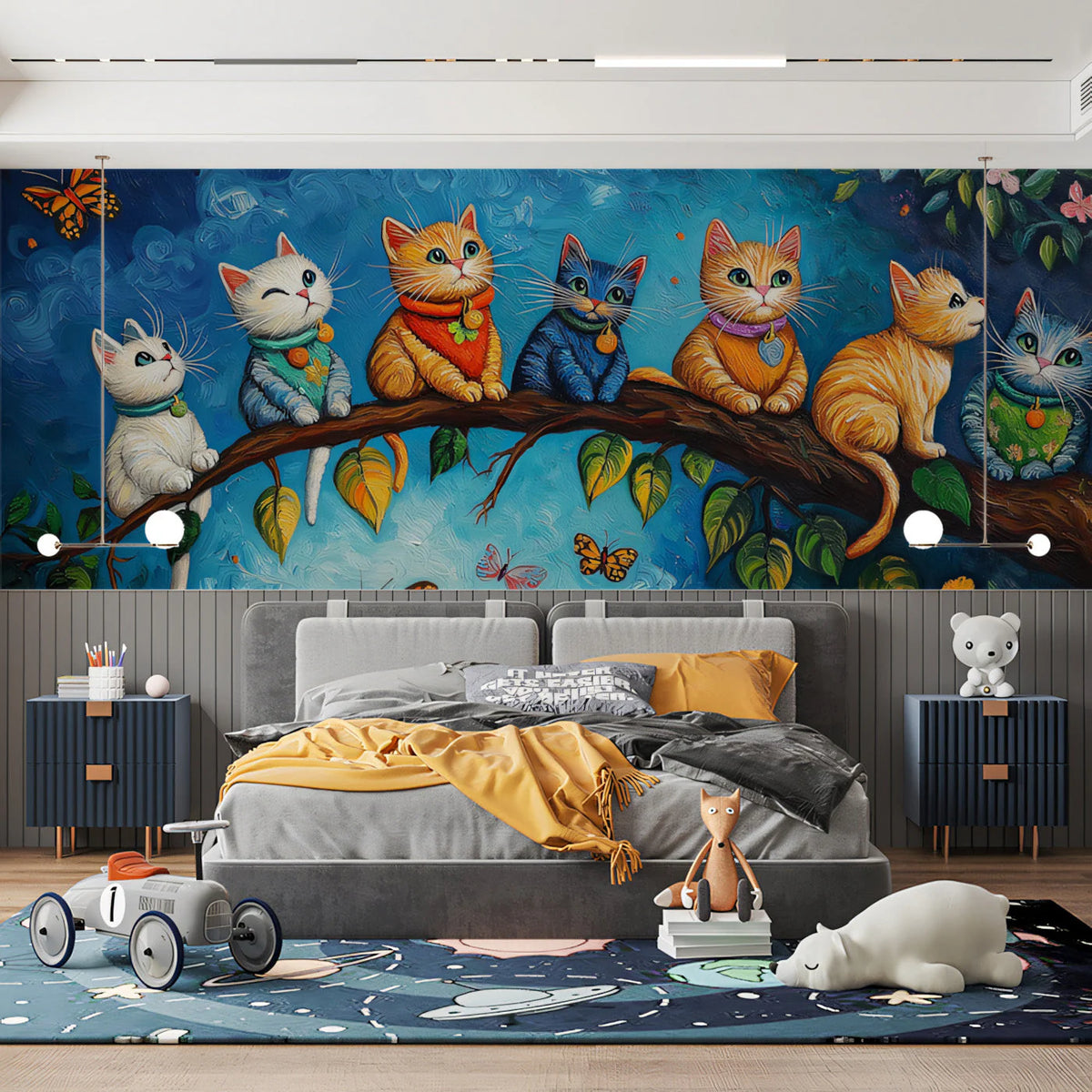 Cats on a Branch Mural Wallpaper — Whimsical Oil Painting Art Mural Wallpaper - pure wallpaper artwork