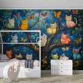 Feline Tree Mural Wallpaper — Whimsical Painted Garden Scene Mural Wallpaper - pure wallpaper artwork