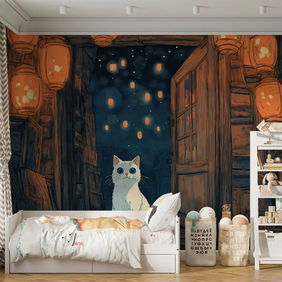 Lantern Night Cat Mural Wallpaper — Whimsical Storybook Scene Mural Wallpaper