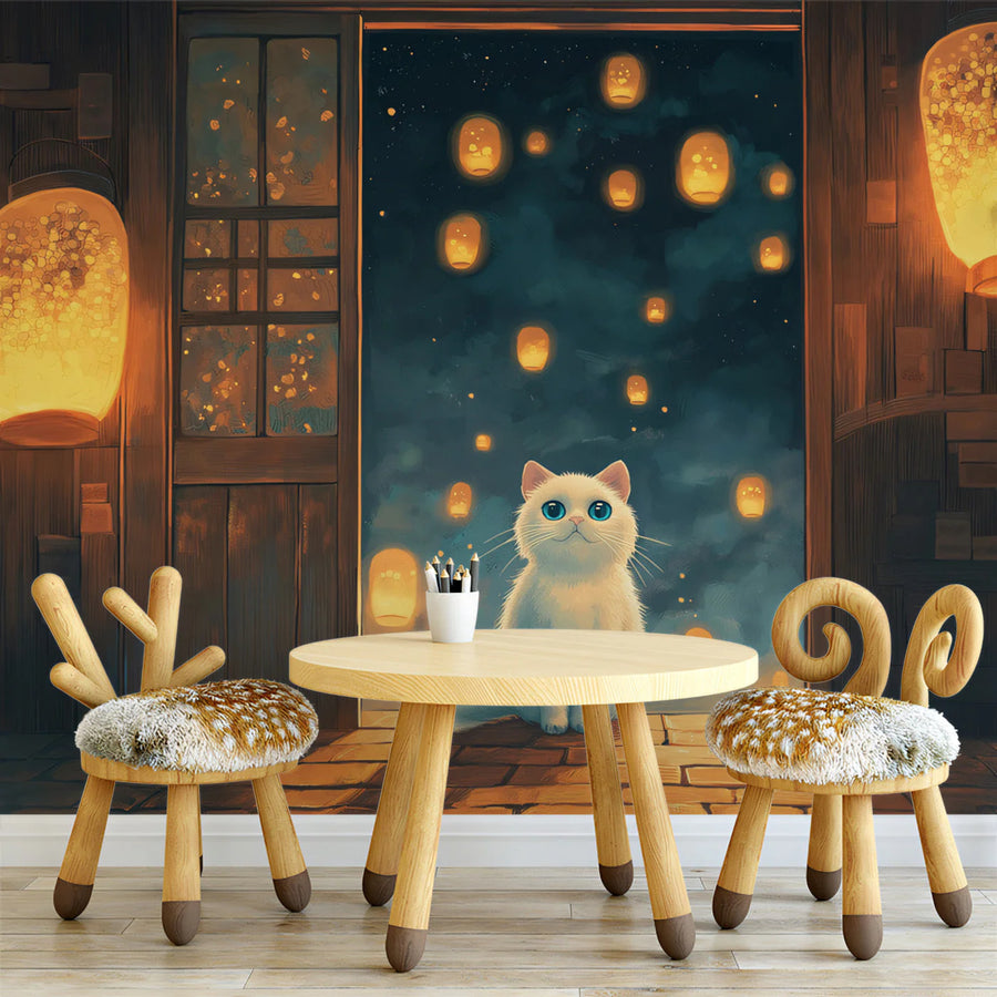 Lantern-Lit Cat Night Mural Wallpaper — Whimsical Night Scene Mural Wallpaper