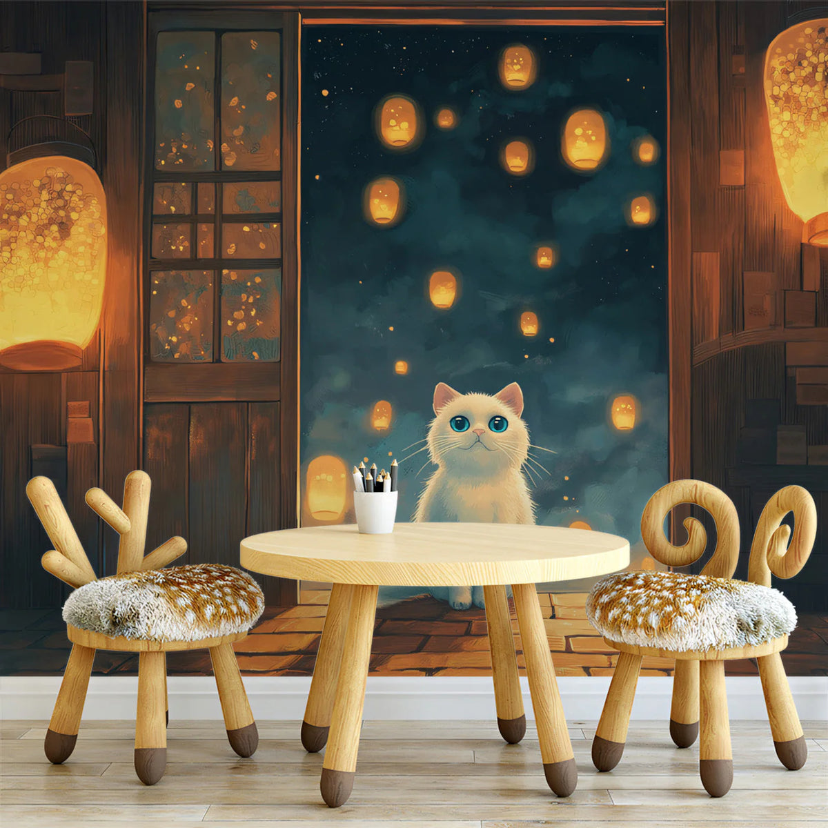 Lantern-Lit Cat Night Mural Wallpaper — Whimsical Night Scene Mural Wallpaper - pure wallpaper artwork