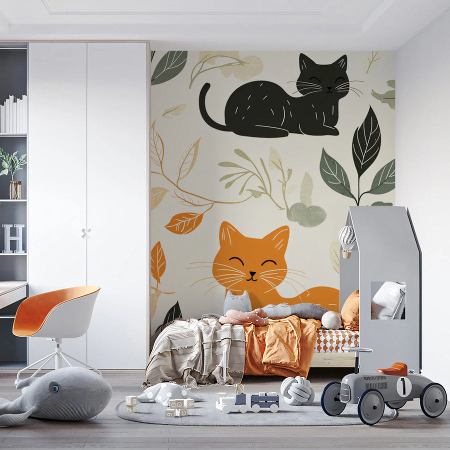 Playful Cats and Foliage Mural Wallpaper — Minimalist Nature Mural Wallpaper