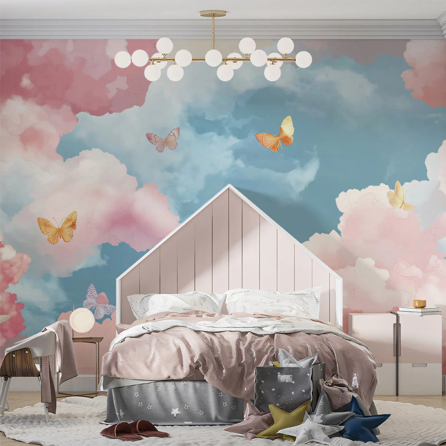 Floating Butterflies and Pink Cloud Mural Wallpaper