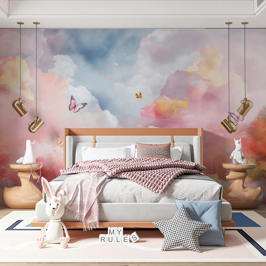 Dreamy Pastel Sky and Butterfly Mural Wallpaper