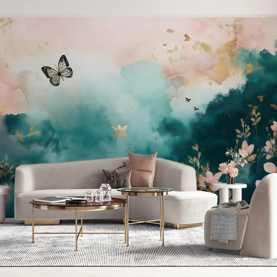 Watercolor Cloud and Butterfly Mural Wallpaper — Ethereal Teal Mural Wallpaper