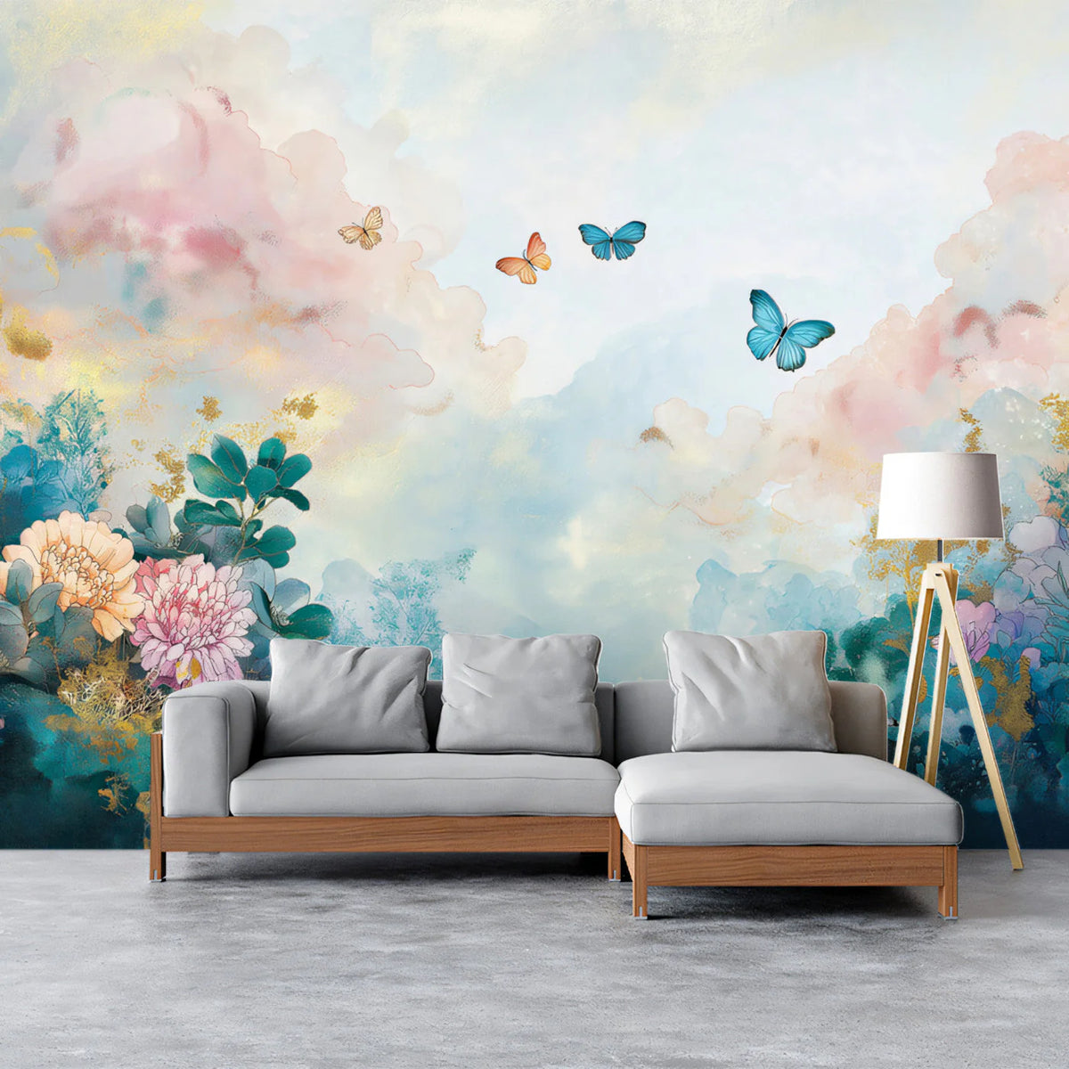 Watercolor Butterfly and Floral Garden Mural Wallpaper - pure wallpaper artwork