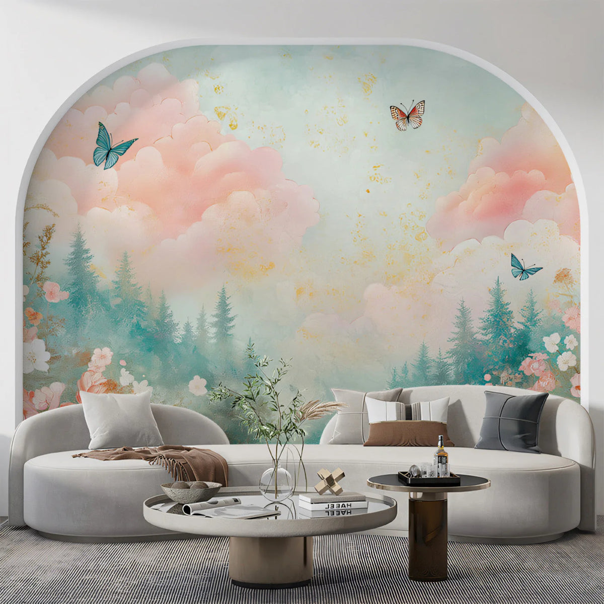 Watercolor Cloud and Butterfly Mural Wallpaper — Ethereal Garden Mural Wallpaper - pure wallpaper artwork