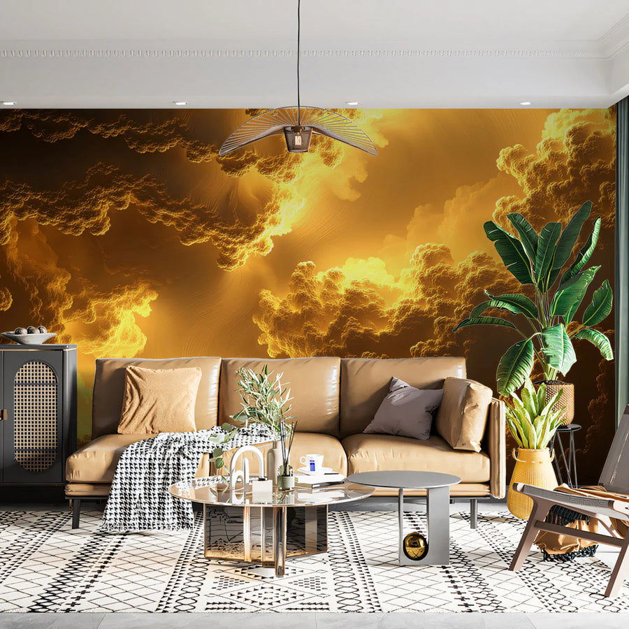 Golden Celestial Cloud Mural Wallpaper — Abstract Atmospheric Mural Wallpaper