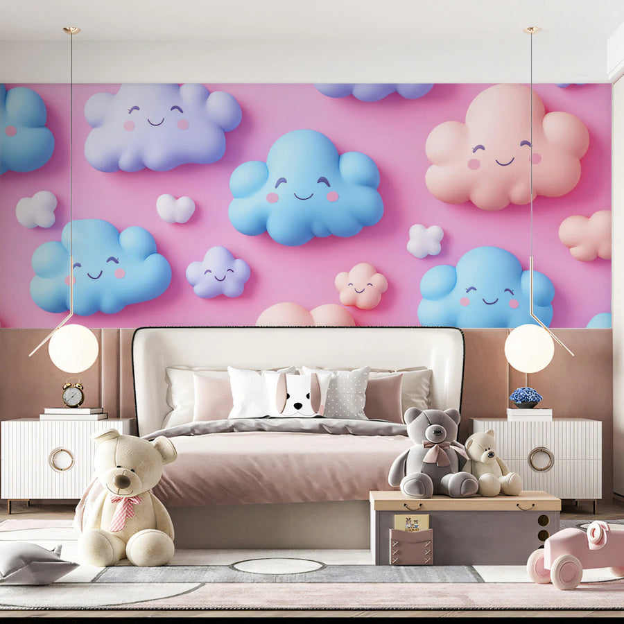 Cheerful Smiling Clouds Mural Wallpaper — Soft Pastel Design Mural Wallpaper