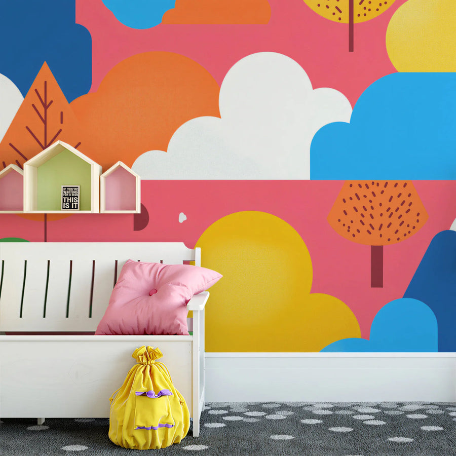 Graphic Forest Mural Wallpaper — Playful Colorful Woodland Mural Wallpaper