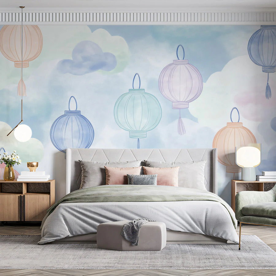 Floating Pastel Lanterns Mural Wallpaper — Whimsical Sky Design Mural Wallpaper