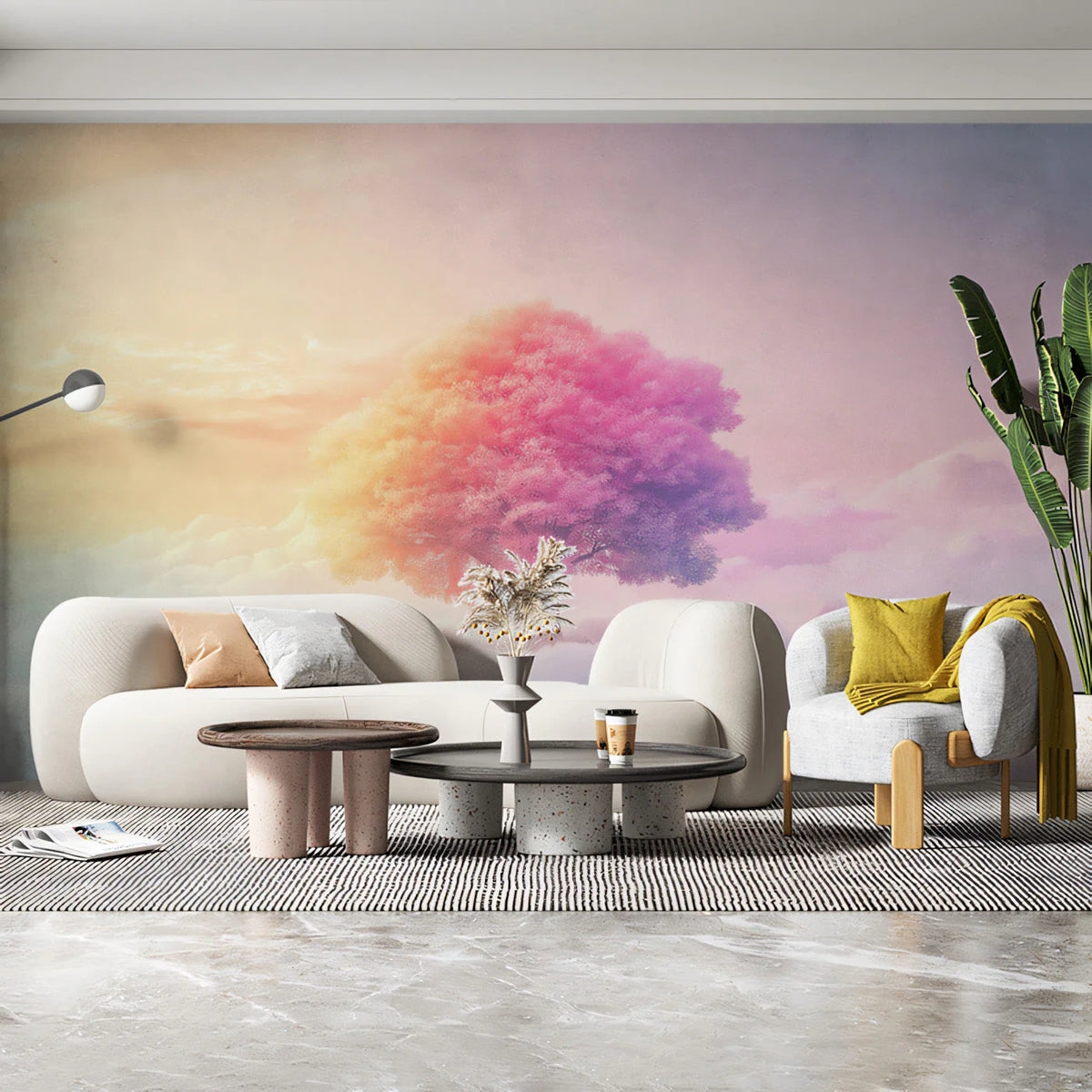 Ethereal Rainbow Tree Mural Wallpaper — Dreamy Pastel Sunset Scene Mural Wallpaper - pure wallpaper artwork