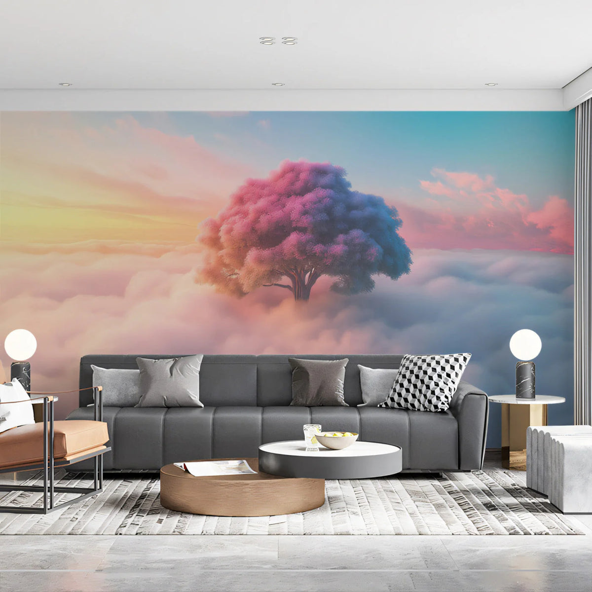 Ethereal Sunset Tree Mural Wallpaper — Dreamy Cloud Horizon Mural Wallpaper - pure wallpaper artwork
