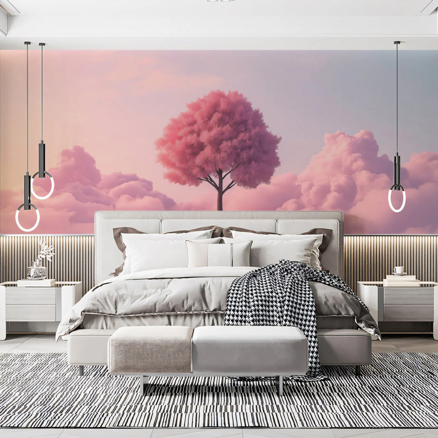 Dreamy Pink Tree Mural Wallpaper — Ethereal Sunset Cloud Design Mural Wallpaper