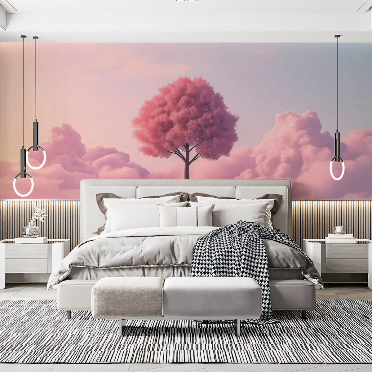 Dreamy Pink Tree Mural Wallpaper — Ethereal Sunset Cloud Design Mural Wallpaper - pure wallpaper artwork