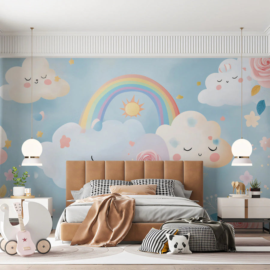 Whimsical Sky and Floral Rainbow Mural Wallpaper
