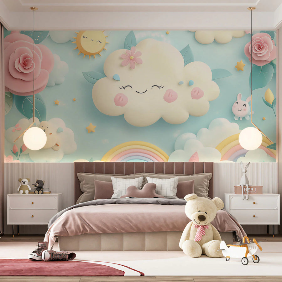 Smiling Cloud and Floral Sky Mural Wallpaper — Whimsical Decor Mural Wallpaper