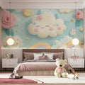 Smiling Cloud and Floral Sky Mural Wallpaper — Whimsical Decor Mural Wallpaper - pure wallpaper artwork