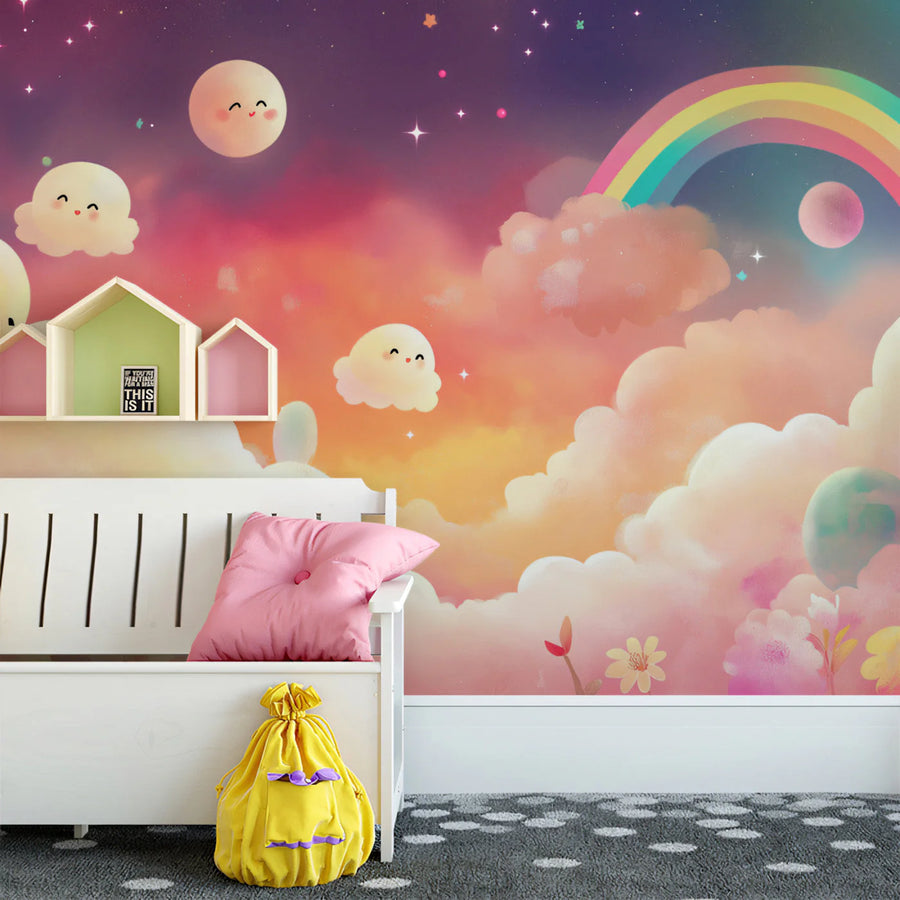 Dreamy Sky Rainbow and Clouds Mural Wallpaper — Whimsical Decor Mural Wallpaper