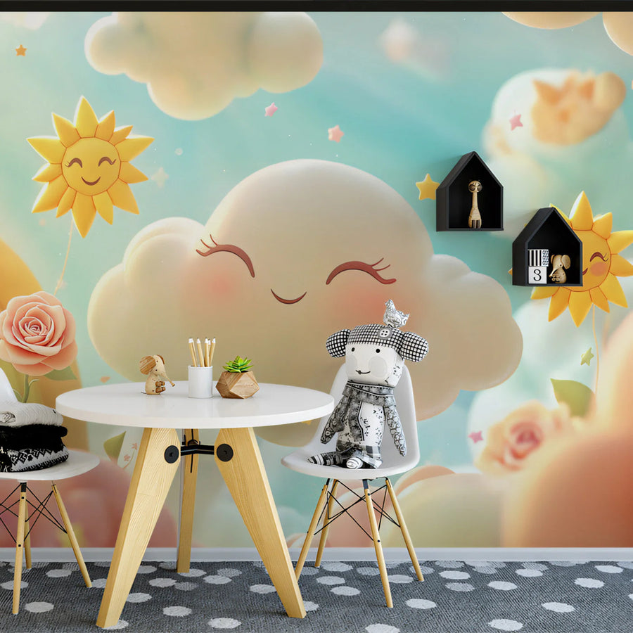 Smiling Sun and Clouds Mural Wallpaper — Whimsical Pastel Art Mural Wallpaper