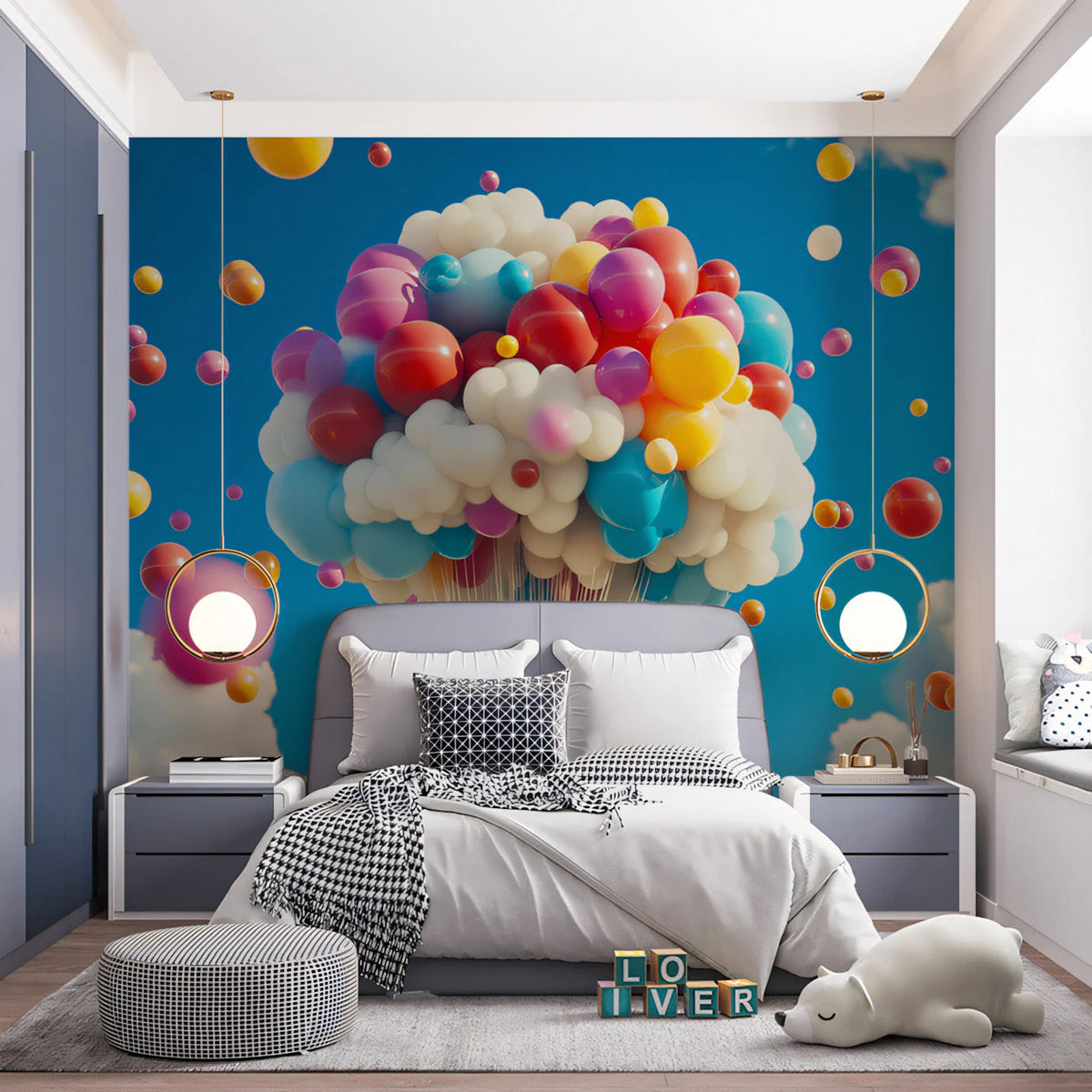 Floating Balloon Cloud Mural Wallpaper — Whimsical Sky Design Mural Wallpaper - pure wallpaper artwork