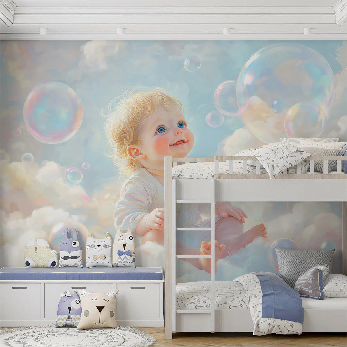 Dreamy Baby and Bubbles Mural Wallpaper —Soft Pastel Art Mural Wallpaper - pure wallpaper artwork