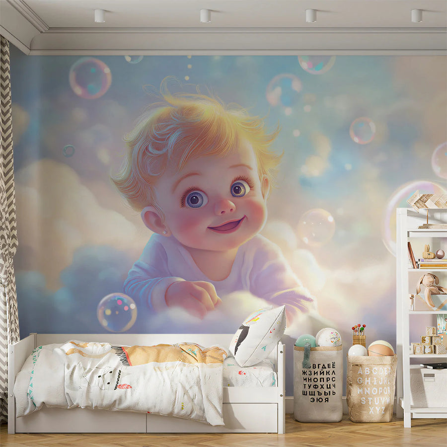 Floating Bubbles and Cherub Mural Wallpaper — Whimsical Nursery Mural Wallpaper