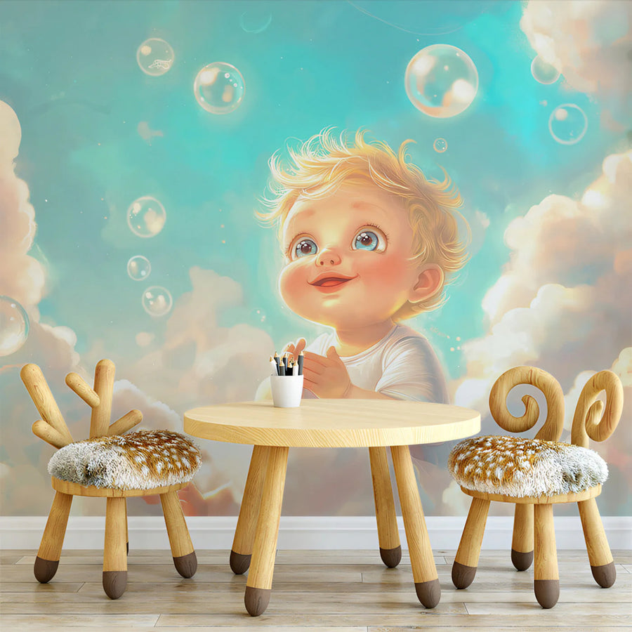 Dreamy Baby and Bubble Clouds Mural Wallpaper —Soft Pastel Mural Wallpaper