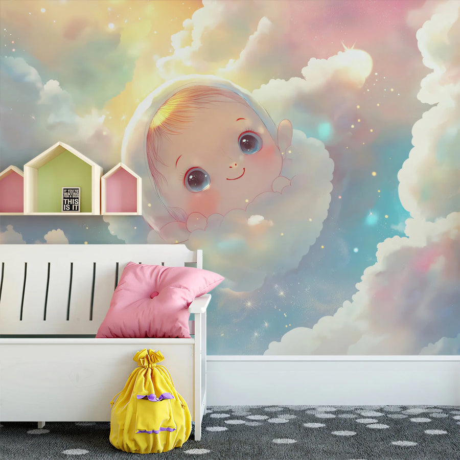 Dreamy Baby in Clouds Mural Wallpaper — Whimsical Nursery Decor Mural Wallpaper