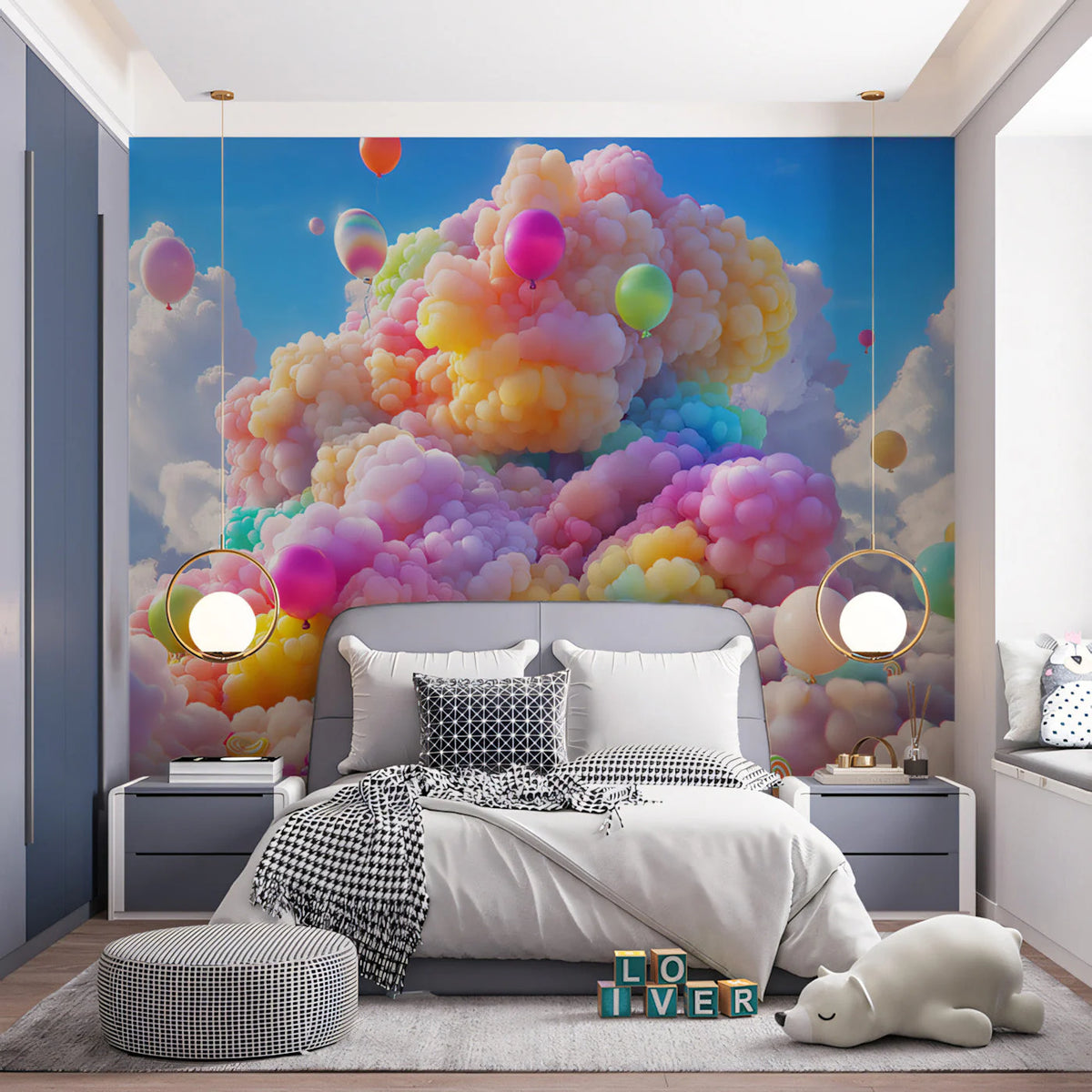 Floating Balloon Cloud Mural Wallpaper — Whimsical Dreamscape Mural Wallpaper - pure wallpaper artwork