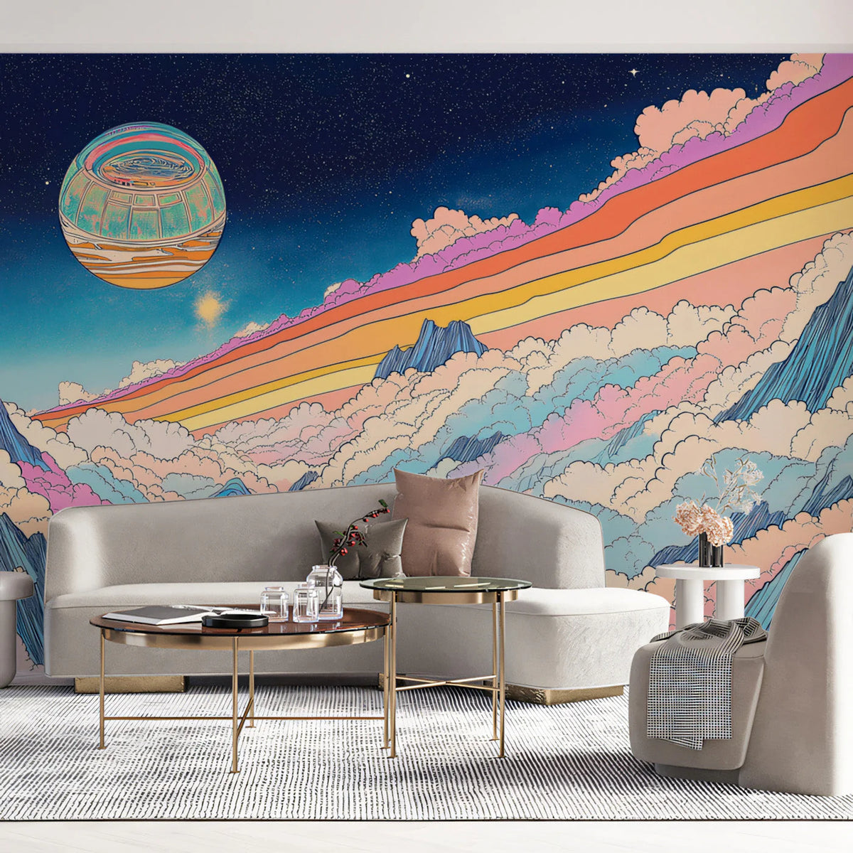 Cosmic Horizon Mural Wallpaper — Dreamy Celestial Illustration Mural Wallpaper - pure wallpaper artwork
