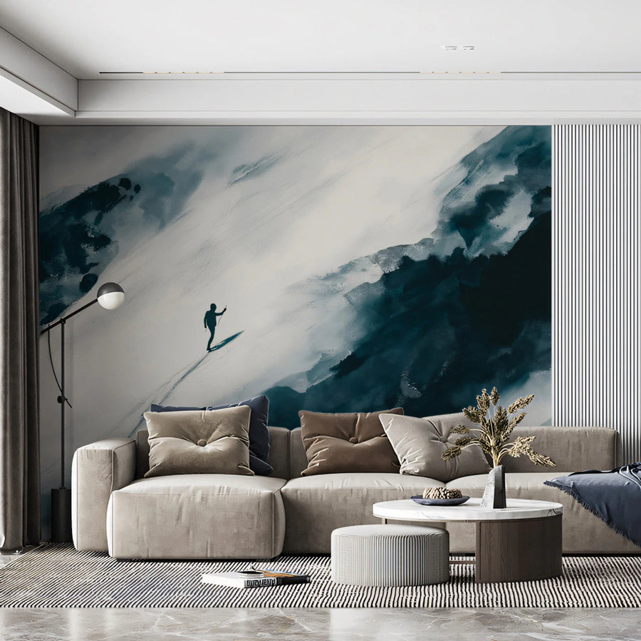 Solo Hiker Mountain Mural Wallpaper — Minimalist Ink Wash Design Mural Wallpaper
