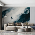 Solo Hiker Mountain Mural Wallpaper — Minimalist Ink Wash Design Mural Wallpaper - pure wallpaper artwork