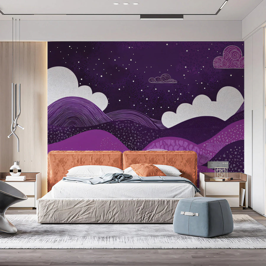 Celestial Nightscape Mural Wallpaper — Deep Plum and Lavender Mural Wallpaper