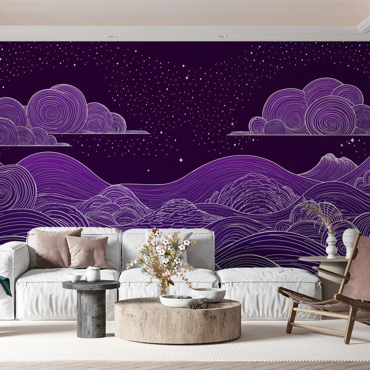 Celestial Swirls Mural Wallpaper — Deep Plum Night Sky Mural Wallpaper - pure wallpaper artwork