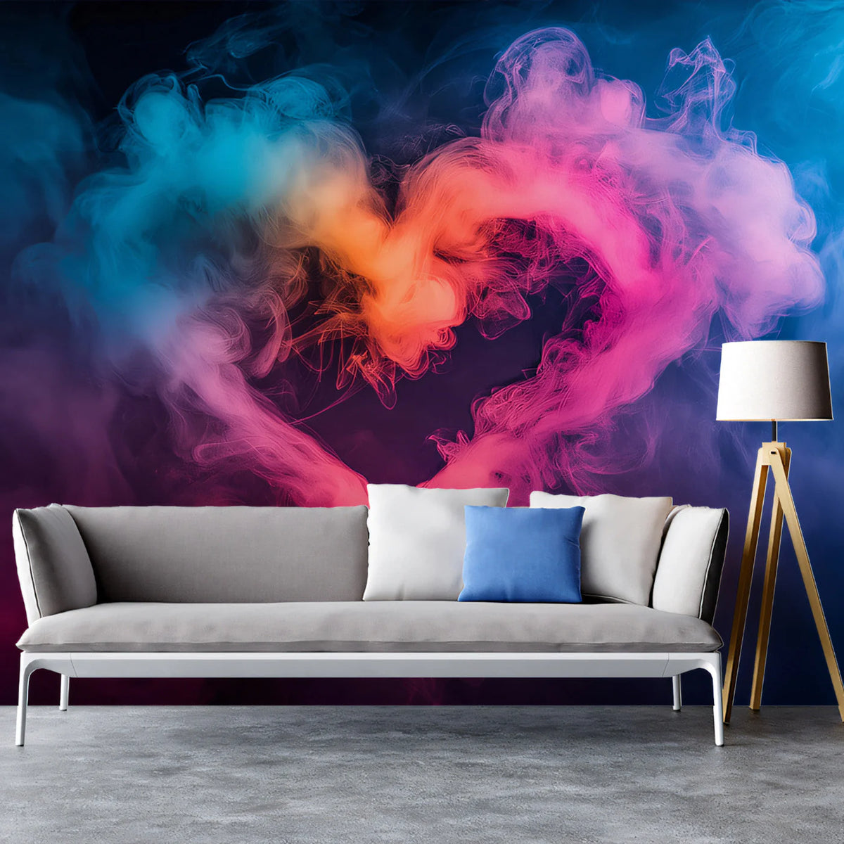 Neon Heart Smoke Mural Wallpaper — Vibrant Fluid Art Design Mural Wallpaper - pure wallpaper artwork