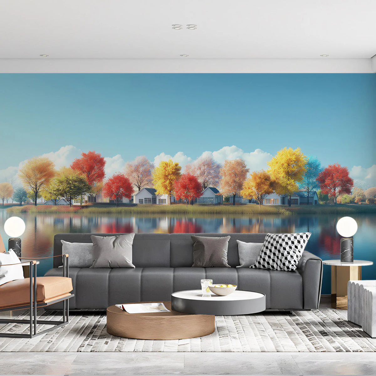 Autumn Lakeside Reflections Mural Wallpaper — Vibrant Scenic Design Mural Wallpaper - pure wallpaper artwork