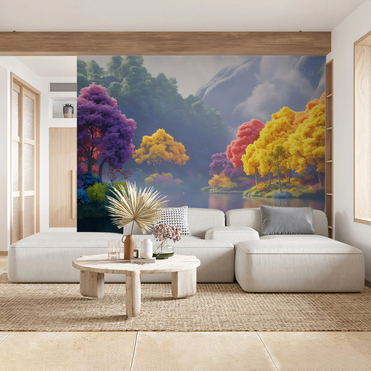 Vivid Mountain Lake Mural Wallpaper — Dreamy Colorful Landscape Mural Wallpaper - pure wallpaper artwork