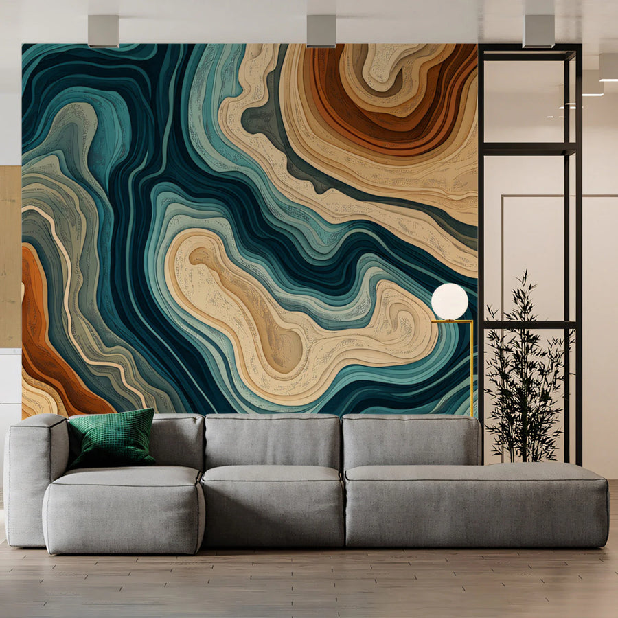 Abstract Topographic Mural Wallpaper — Earthy Teal and Sand Tones Mural Wallpaper