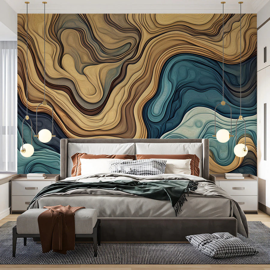 Abstract Swirl Mural Wallpaper — Teal and Ochre Fluid Art Mural Wallpaper
