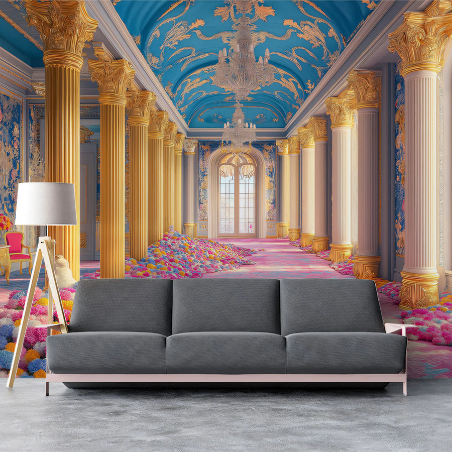 Baroque Palace Hall Mural Wallpaper — Regal Blue and Gold Floral Mural Wallpaper