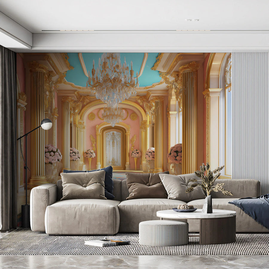 Royal Palace Hall Mural Wallpaper — Baroque Pink and Gold Design Mural Wallpaper